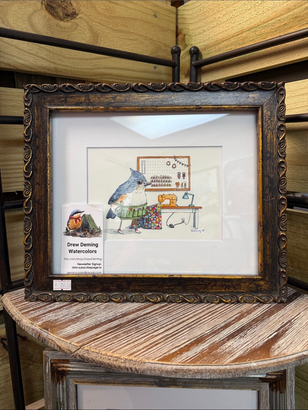 Drew Deming Watercolors Framed Bird Sewing Print - Brown & Gold Frame